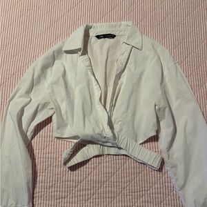Zara White Cropped Button-Up Shirt